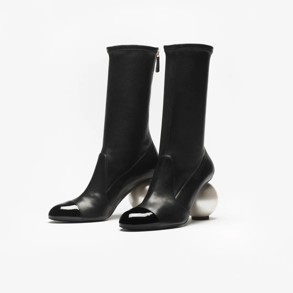 Chanel Black Leather Mid Calf Boots with Pearl Heel 25k Collection - Sz 38 NEW